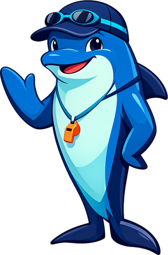 Dolpho, a friendly cartoon dolphin wearing swim goggles, waving hello
